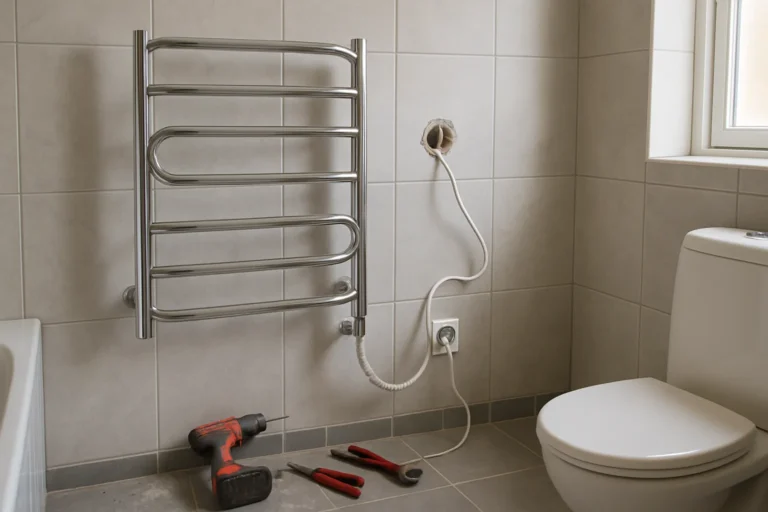 Handdukstork i badrummet – el, vatten och infästning